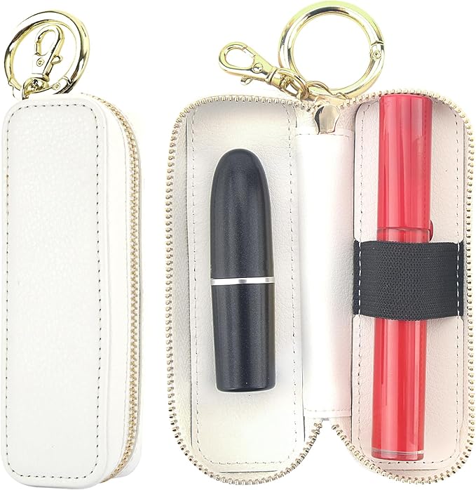 Bocasal Leather Lipstick Case Holder Chapstick Keychain Pouch, Zipper Lip Balm Lip Gloss Bag for Purse with Key Chain Elastic Band, Makeup Travel Organizer, Cosmetic Storage Kit for Women Girl (White)