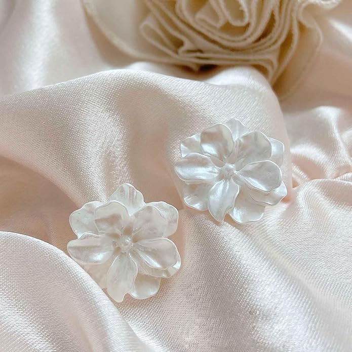 Unique Large White Flower Earrings Studs