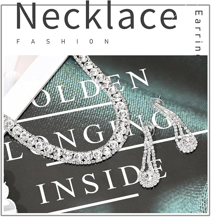 Yean Bride Silver Necklace Earrings Set Rhinestone Bridal