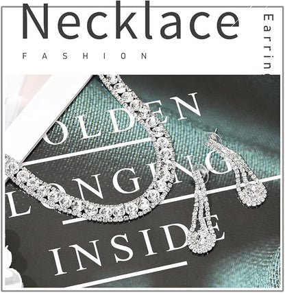 Yean Bride Silver Necklace Earrings Set Rhinestone Bridal