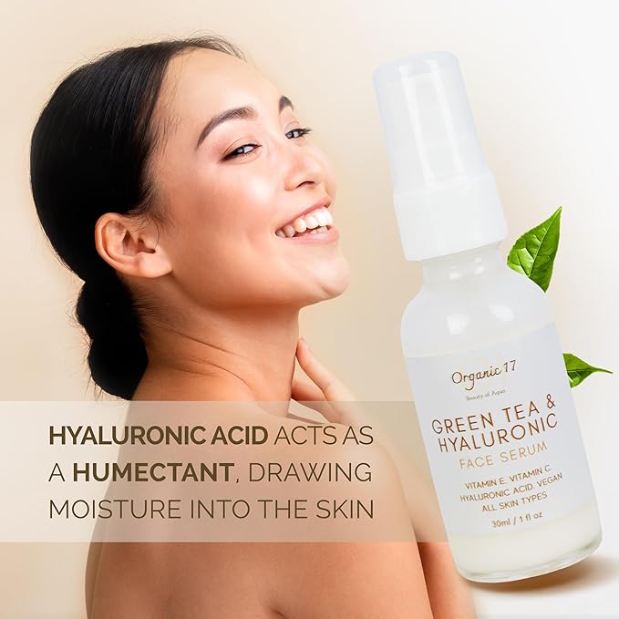 Hyaluronic Acid & Green Tea Face Serum – Anti-Aging Hydrating Serum with Vitamins C + E for Glowing Skin, Vegan & Cruelty-Free for All Skin Types – 30ml