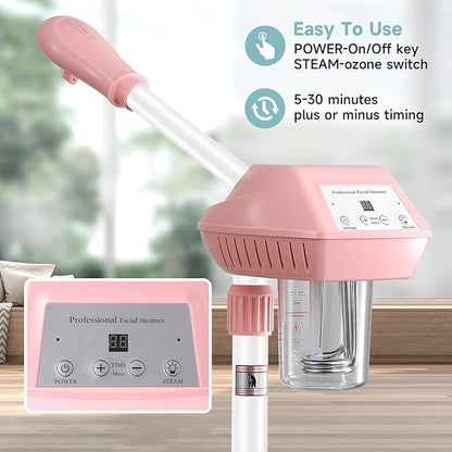 Professional Facial Steamer, Facial Steamer on Wheels, Ozone Facial Steamer, Standing Face Steamer, SPA Facial Steamer for Salon and at Home Use, Touch Control, Timing Function, Pink…