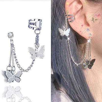 Silver Butterfly Chain Tassel Cuff Earrings
