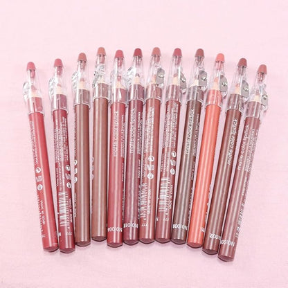12 Pcs Natural Nude Brown Beige Colors Lip Liner Lipstick Pencils Set for Daily Makeup,Easy to Apply & Remove,Waterproof (set08)