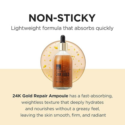SURMEDIC 24K Gold Repair Ampoule, 99.9% Pure Gold Serum for Face, Hyaluronic Acid, Collagen Nourishing Moisturizer for Firming, Uneven Skintone, Korean Skin Care 100ml / 3.38 oz