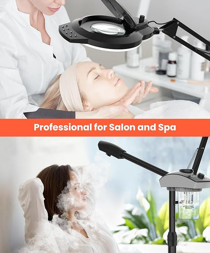 TASALON Professional Facial Steamer with 5X Magnifying Lamp, 2-in-1 Esthetician Steamer on Wheels with Ozone and Hot Mist, Ionic Facial Steamer for Facial Deep Cleaning and Moisturize
