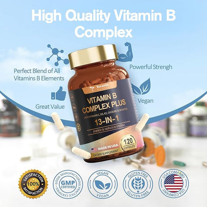 13-in-1 Vitamin B Complex Plus with Vitamin B1, B2, B3 (Niacin), B4, B5, B6, B7 (Biotin), B8 (Inositol), B9 (Folate), B12, C, D3, K2 for Energy, Nerve, Immune, Skin - 120 Caps per Bottle - 2 Bottles