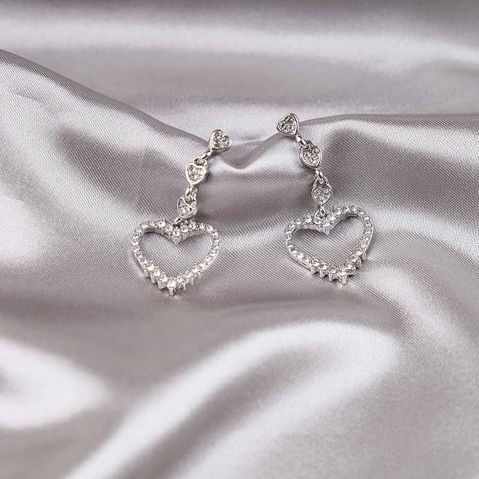 Vintage Rhinestone Heart Dangle Earrings Long