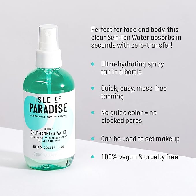 Isle of Paradise Self Tanning Water, Medium (Golden Glow) - Color Correcting and Red Cancelling Self Tan Spray, Vegan and Cruelty Free, 6.76 Fl Oz