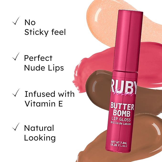 Ruby Kisses Lip Gloss Butter Bomb Gloss Non-Sticky Lip Gloss Vitamin E Natural Nude Lip Makeup - 7.8mL (0.26 US fl.oz) (Play, Boy)