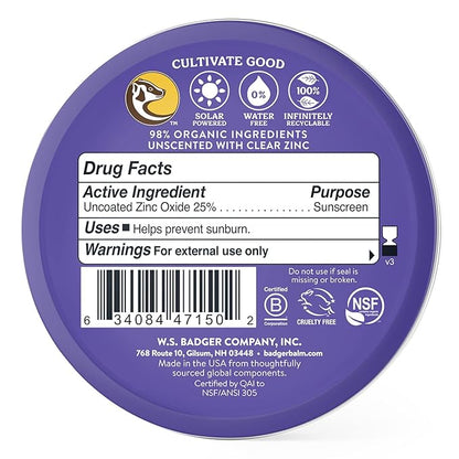 Badger Biodegradable Sunscreen in Metal Tin, SPF 50 Zinc Oxide Sunscreen with 98% Organic Ingredients, Reef Safe, Broad Spectrum, Water Resistant, Unscented, 2.4 oz (2 Pack)