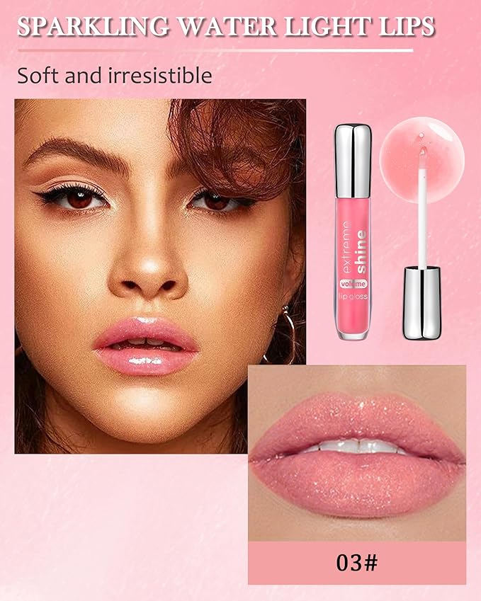 Clear Glitter Lip Gloss Lip Plumper, Hydrating Lip Glow Oil Plumping Lip Oil Gloss, Long Lasting Moisturizing Nude Pink Tinted Jelly Lip Gloss, Shimmer Lipgloss Lip Glaze for Women Girls-03