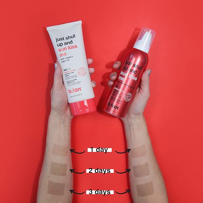b.tan Medium Gradual Self Tanning Lotion | Just Shut Up and Sun Kiss Me Everyday Glow Lotion - Develop a Bronzed Glow, Infused With Marula + Argan Oil, Vegan, Cruelty & Paraben Free, 236ml