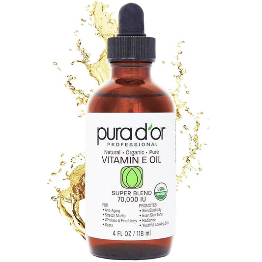 PURA D'OR 4 Oz ORGANIC Vitamin E Oil Blend 70,000 IU - 100% Natural Hexane Free, Sweet Almond, Apricot, Jojoba, Argan, Rosehip, Sunflower & Avocado Bath Oil For Scars, Skin, Face & Full Body