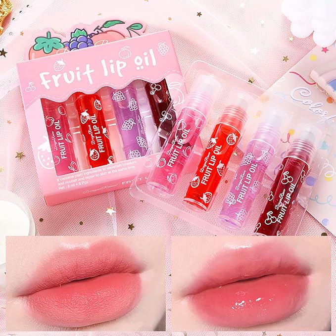 4 Pcs Fruit Roll-on Lip Gloss Set, Clear Lip Gloss Crystal Jelly Liquid Lipstick, Plumping Lip Oil Moisturizing Hydrating Non-Sticky, Nice Gift for Women Girl