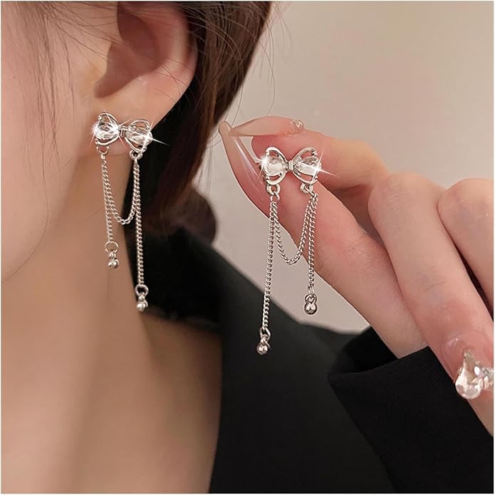 Vintage Crystal Bow Earrings Rhinestone Chain