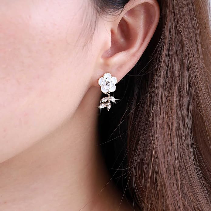 Vintage Crystal Flower Earrings Rhinestone Leaf