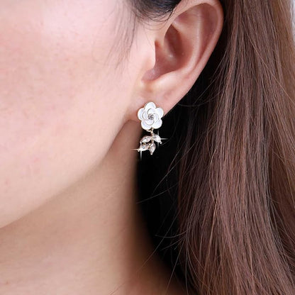 Vintage Crystal Flower Earrings Rhinestone Leaf
