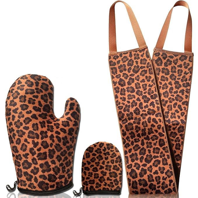 Self Tanning Mitt Applicator- GRINEER 3 Pieces Self Tanning Mitt Applicator Kit, Includes Tanning Mitt, Mini Face Mitt, Back Lotion Applicator (Leopard)