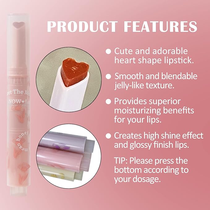 Jelly Lipstick, Tinted Lip Gloss Heart Shape Lip Glaze, Moisturizing and Hydrating Glossy Lip Gloss Lip Balm, High-shine Finish Lip Makeup Lip Pen for Nourished, Fuller-looking Lips (#04)