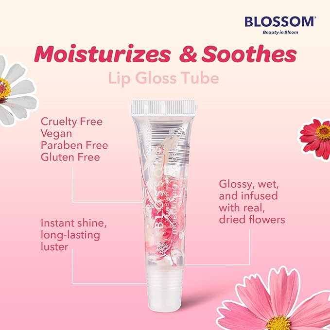 Blossom Moisturizing Lip Gloss Tubes, Roll on Perfume Oil, Natural Essential Oils, Scented Color Change Lip Balm with Real Flowers, 0.7 fl. oz/15mL, 3 Pack Gift Set, Cherry/Honey Jasmine/Turquoise