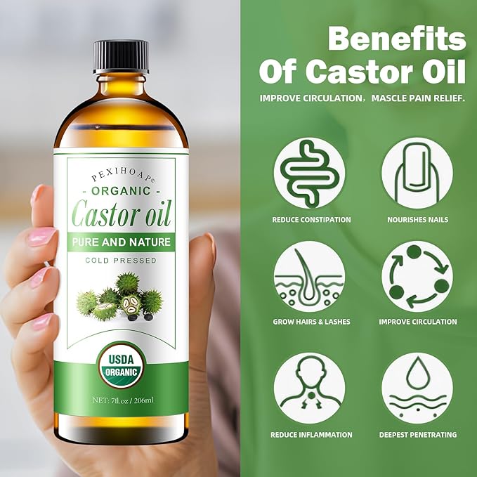 30Pcs Adhesive Castor Oil Patch with 7oz Organic Castor Oil Cold Pressed, Cotton Caster Oil Pack Wrap for Waist Back Neck Arm Belly