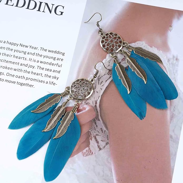 Boho Black Feather Dangle Earrings Long