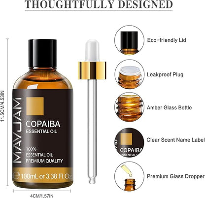 Copaiba Essential Oil, MAYJAM Pure Essential Oils for Diffusers, 3.38FL.OZ/100ML Large Volume Copaiba Oil with Premium Glass Dropper