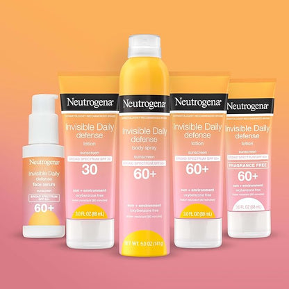 Neutrogena Invisible Daily Defense Fragrance-Free Sunscreen Lotion, Broad Spectrum SPF 60+, Oxybenzone-Free & Water-Resistant, Sun & Environmental Aggressor Protection, 3.0 fl. oz