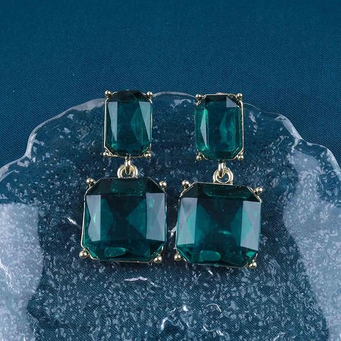Vintage Emerald Square Earrings Green Emerald Drop Earrings