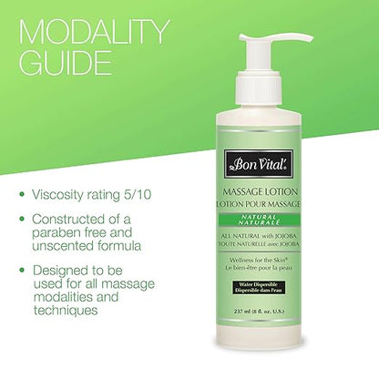 Bon Vital' Naturale Massage Lotion with Natural Ingredients for Earth-Friendly Massage, All Natural Moisturizer, Relieves Muscle Soreness and Increases Circulation, 8 Oz, Label may Vary