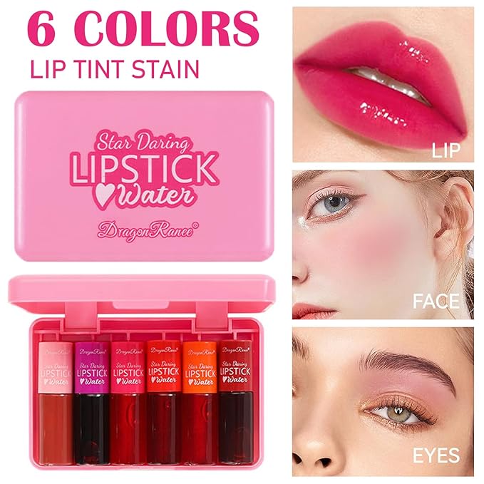 6 Colors Lip Tint Stain Mini Liquid Lipstick,Korean Velvet Lip Gloss Moisturizing,Multi-use Lip and Cheek Tint,Natural Waterproof&Long lasting Non-Stick Cup Lightweight Vivid Color,Pink