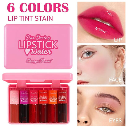 6 Colors Lip Tint Stain Mini Liquid Lipstick,Korean Velvet Lip Gloss Moisturizing,Multi-use Lip and Cheek Tint,Natural Waterproof&Long lasting Non-Stick Cup Lightweight Vivid Color,Pink