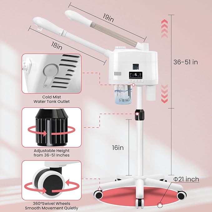 Professional Facial Steamer, 2 in 1 Facial Steamer with Hot&Cold Nozzle, Esthetician Face Steamer with Digital Display for Spa, Salon and Home Use