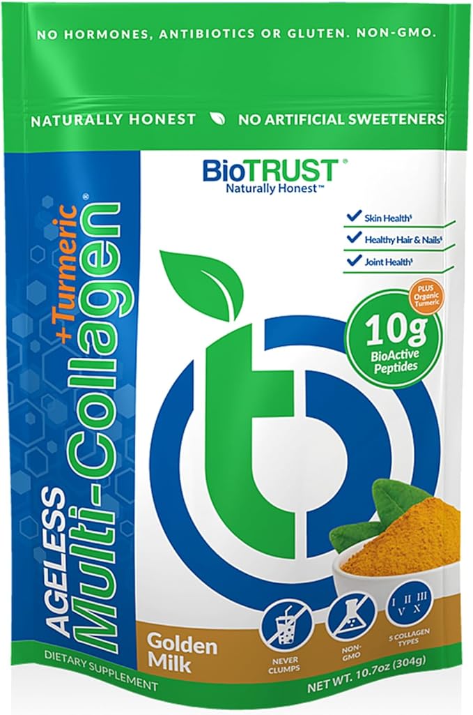 BioTrust Collagen Powder with Turmeric – 5 Types (I, II, III, V, X) – Turmeric Collagen Powder for Women & Men – Hydrolyzed Protein – Grass Fed Beef, Fish, Chicken, Eggshell Membrane (Golden Milk)