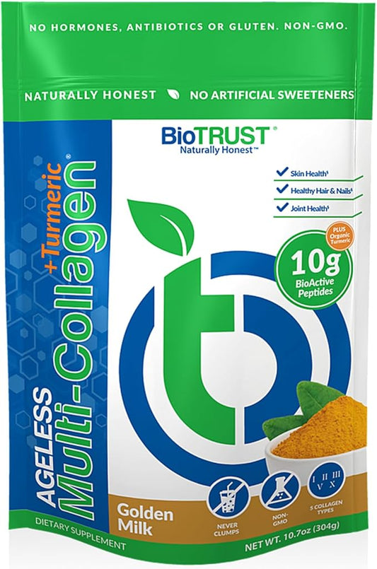 BioTrust Collagen Powder with Turmeric – 5 Types (I, II, III, V, X) – Turmeric Collagen Powder for Women & Men – Hydrolyzed Protein – Grass Fed Beef, Fish, Chicken, Eggshell Membrane (Golden Milk)