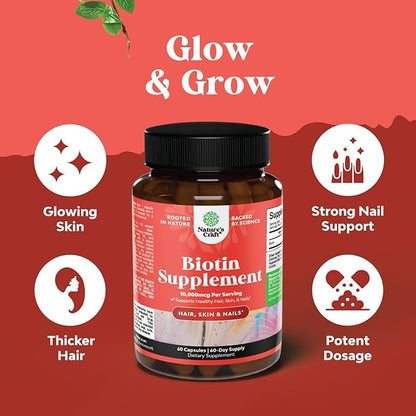 Natures Craft 10000 mcg Pure Biotin Pills for Women Men - Promotes Thicker and Fuller Hair. Natural Supplement for Shiny Thick Hair Growth - Vegetarian Vitamin Capsules - Get Clear Skin Strong Nails