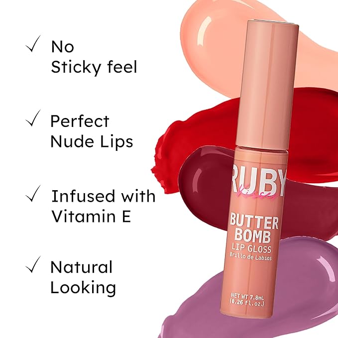 Ruby Kisses Lip Gloss Butter Bomb Gloss Non-Sticky Lip Gloss Vitamin E Natural Nude Lip Makeup - 7.8mL (0.26 US fl.oz) (Babydoll)