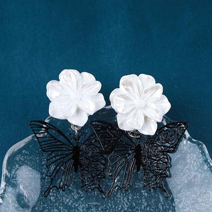 Vintage Black Butterfly Flower Drop Earrings