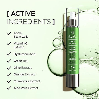 AM Day Serum W/Apple Stem Cells, Hyaluronic Acid, Green Tea, Chamomile Extract, Orange, Vitamin C, Olive & Aloe Vera for Face - Anti-Aging & Moisturizing Facial Serum for Women - 1.7 Fl oz