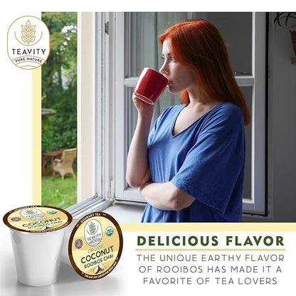 Coconut Rooibos Chai Tea Pods for Keurig - Organic Ginger Tea, Rooibos, Cinnamon, Cardamom, Coconut & Chai by Teavity (12 Tea Pods)