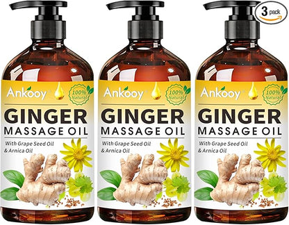 3 Pack Ginger Massage Oil with Arnica Oil,Vitamin E Oil and Grape Seed Oil,Ginger Oil for Lymphatic Drainage,100% Natural Ginger Essential Oil for Warming and Relaxing