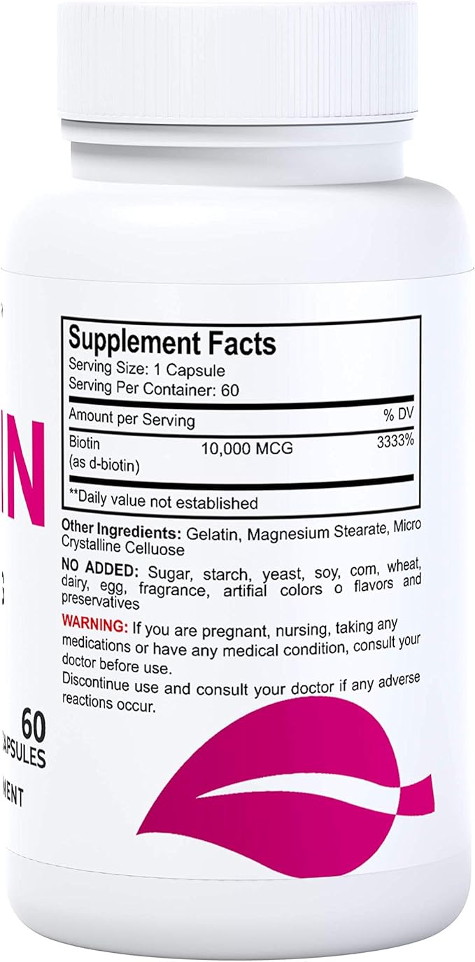 Suplemento de biotina - Pastillas para la caída del Cabello - Crecimiento del Cabello – Crecimiento de la Barba - Alopecia y calvicie - BIOTIN 10.000 MCG 60 CAPSULAS