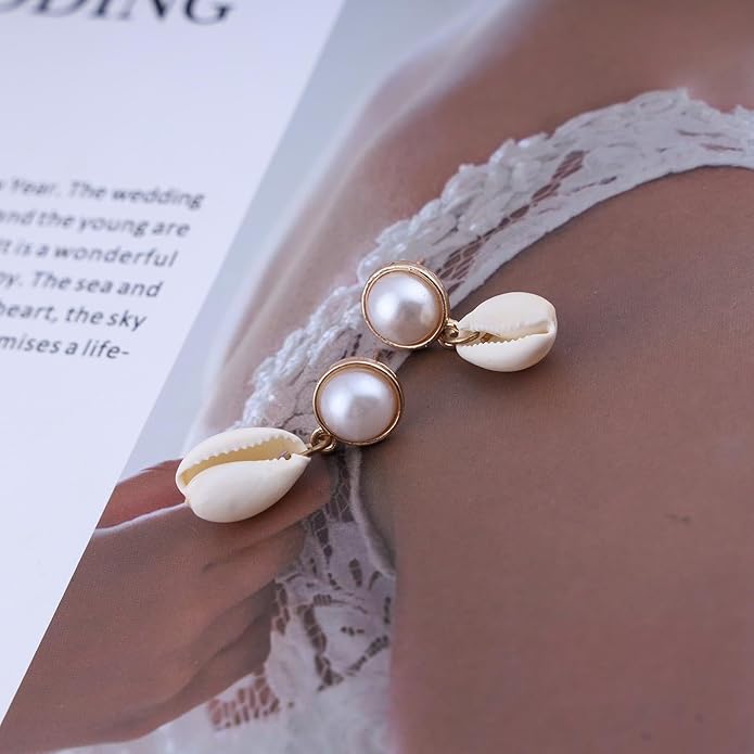 Vintage Pearl Shell Drop Earrings Gold