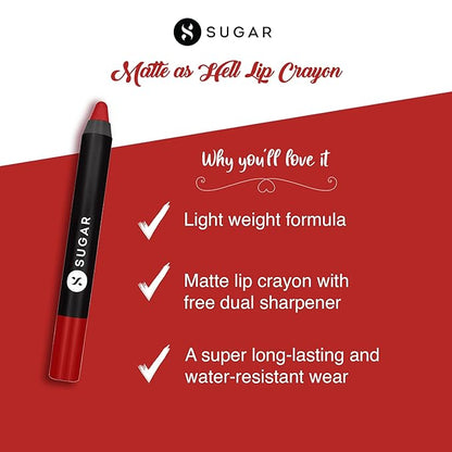SUGAR Matte as Hell Crayon Lipsticks for Women | Lasts Upto 12hrs | Lip Crayon with Sharpener | 2.8gm - 01 Scarlett O'Hara