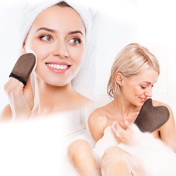 5 Pieces Self Tanning Mitt Applicator Kit, Includes Exfoliating Glove, Tanning Mitt, Mini Face Mitt, Back Lotion Applicator with Self Tanner Brush Large Flat Top Makeup Brush (Brown)