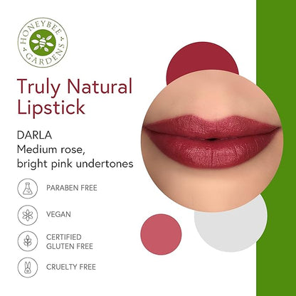 Honeybee Gardens Truly Natural Long Lasting Lipstick, Darla, Medium Rose with Pink Undertones, Naturally Hydrating & Nourishing, Vegan, Gluten-Free & Cruelty-Free, 0.13 oz / 3.8 g