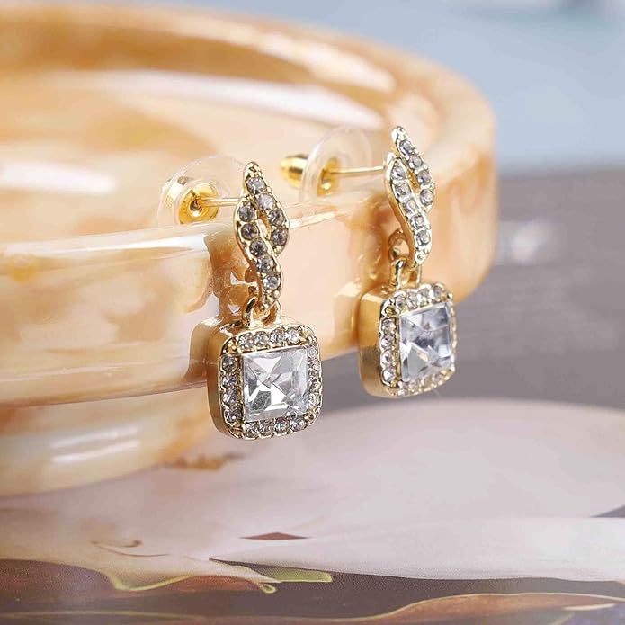 Vintage Crystal Square Drop Earrings Gold