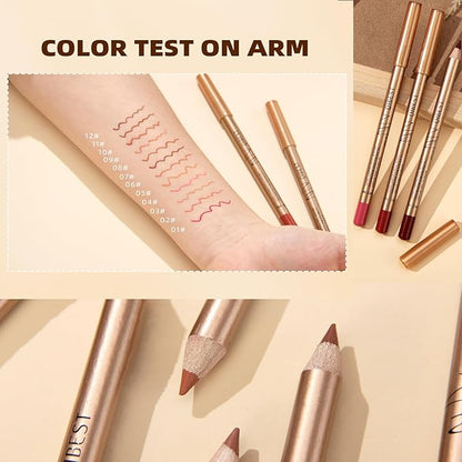 12 Colors Lip Liner Set, Brown Pink Red Smudge