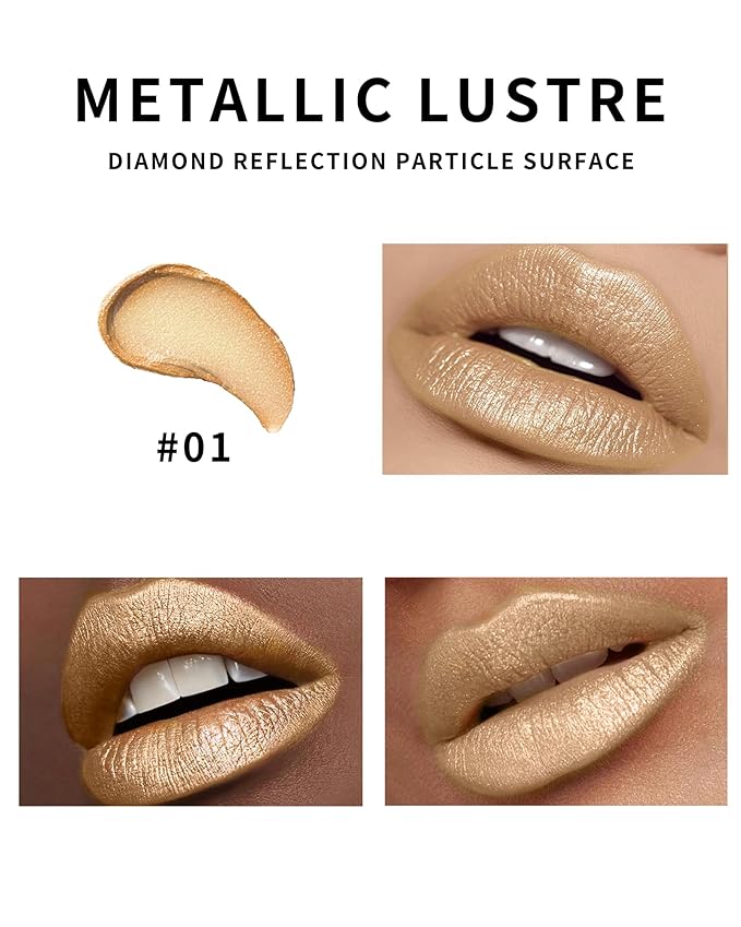 Shimmer Lipstick Long Lasting for Women with Metallic 3D Shine Hydrating Formula, Diamond Nude Glitter Lip Balm Tinted Glossy Lip Gloss High Impact Lip Color Nonstick Full-Coverage Lip Makeup-01